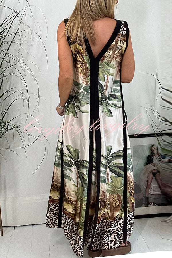 Vanna Unique Tropical Print Black Patchwork Detail A-line Maxi Dress
