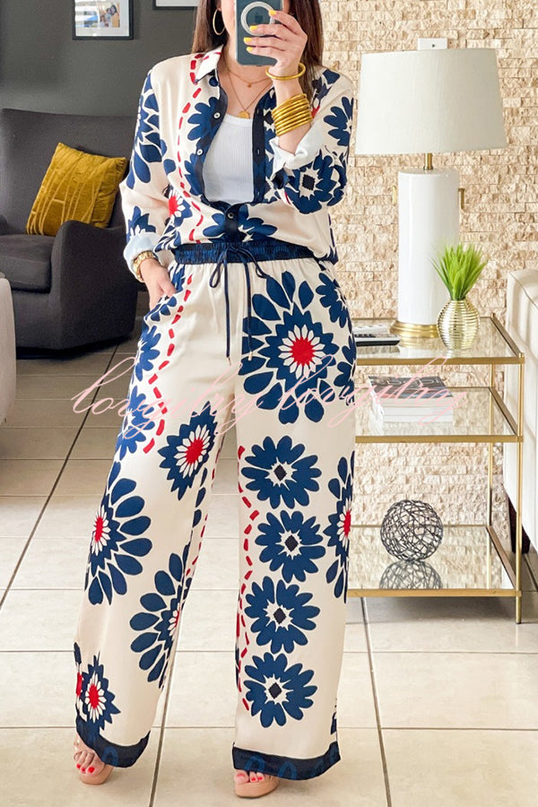 Unique Printed Lapel Long-sleeved Loose Shirt and Casual Pocket Wide-leg Pants Set