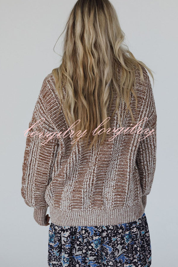 Casual V-neck Long-sleeved Striped Button-down Knitted Cardigan