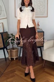 Cozy Sweet Darling Knit Sheer Organza Bow Neck Short Puff Sleeve Button Cardigan