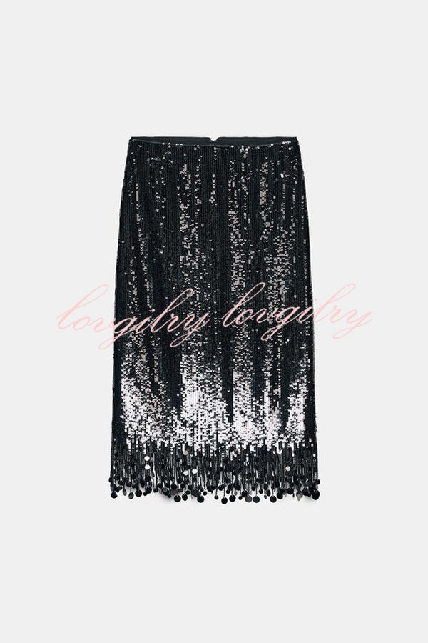 City Queen Sequin Tassel Round Pieces High Rise Back Zipper Midi Skirt