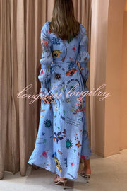 Special Holiday Linen Blend Unique Print Cut Out Puff Sleeve Lightweight Midi Dress