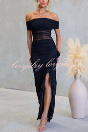 Sexy Mesh Off-shoulder Slim Fit Ruffled Slit Maxi Dress