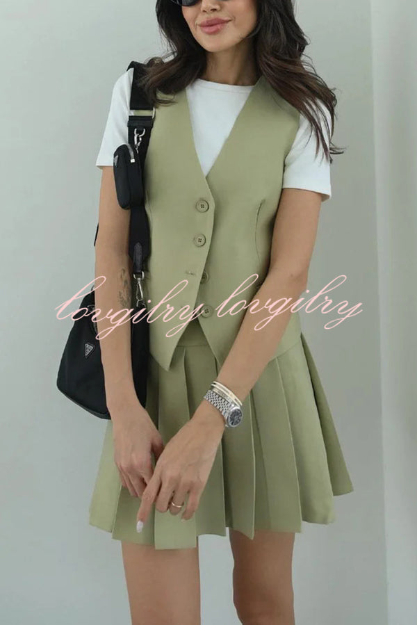 Solid Color Sleeveless Buttoned Vest and High-waisted Pleated Mini Skirt Set