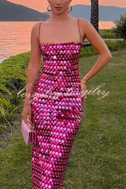 Glamour Glow Sequin Spaghetti Strap Birthday Party Midi Dresses