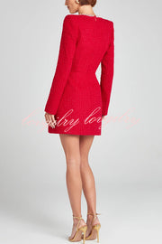 Girly and Glamorous Tweed Fabric Pearl Trim Long Slit Sleeve Pocketed Mini Dress