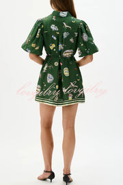 Linen Blend Unique Print Puff Sleeve Casual Mini Dress