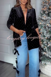 Runway Muse Embellished Velvet Long Sleeve Pocketed Lapel Blazer