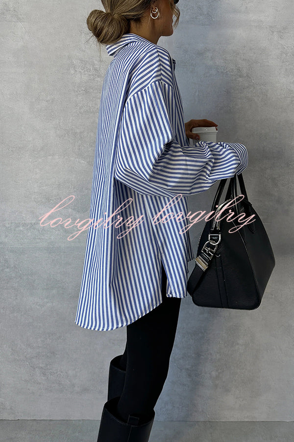 Fashionable Striped Printed Loose Long-sleeved Casual Shirt