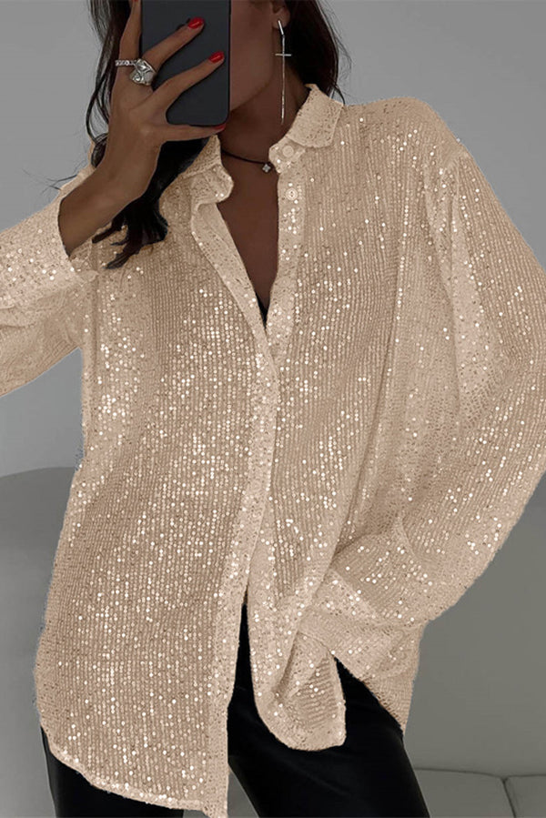 Fashion Sequin Lapel Long Sleeve Loose Shirt