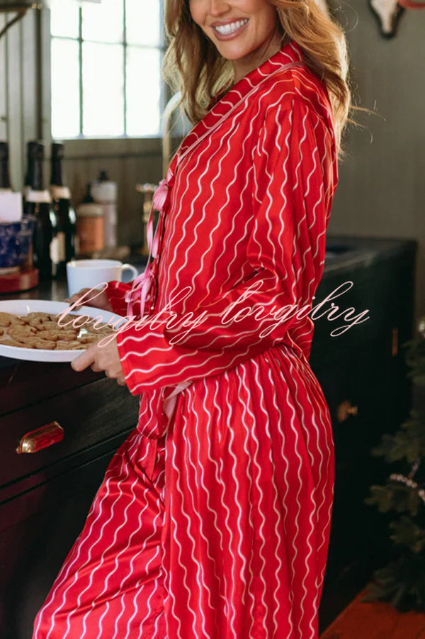 Satin Wave Print Long Sleeve Bow Shirt and Elastic Waist Loose Pants Set