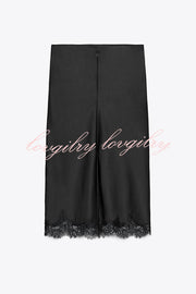 Dolly Satin Lace Trim Mid Rise Slit Drape Midi Skirt