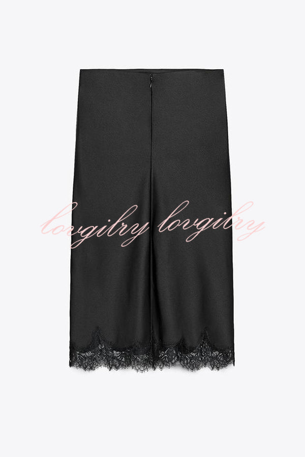 Dolly Satin Lace Trim Mid Rise Slit Drape Midi Skirt