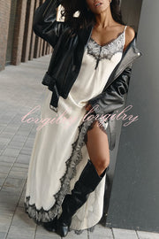 Breezy City Fall SatinLace Petal Trim Slip Tie-up H-line Slit Maxi Dress