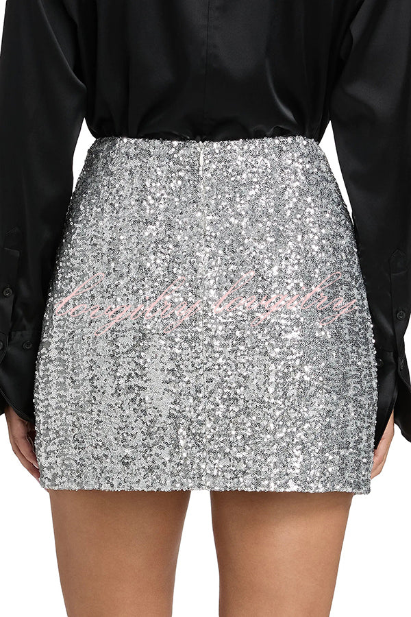 Holiday Party Sequin Velvet Bow Detail High Rise Stretch Mini Skirt