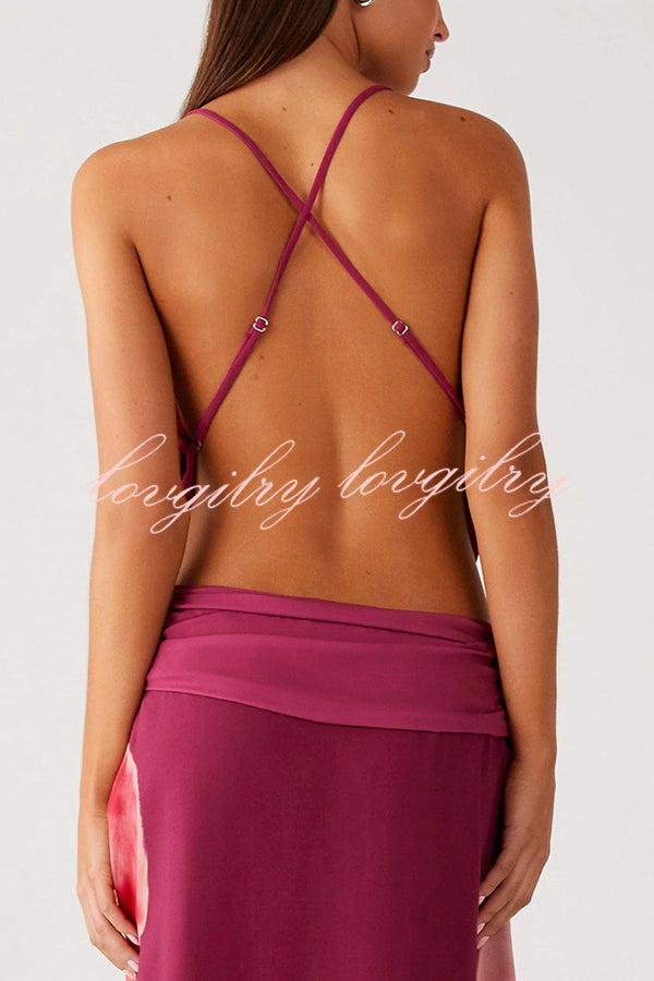 Sexy Deep V Backless Draped Camisole Top and Floral Print Chiffon Maxi Skirt Set