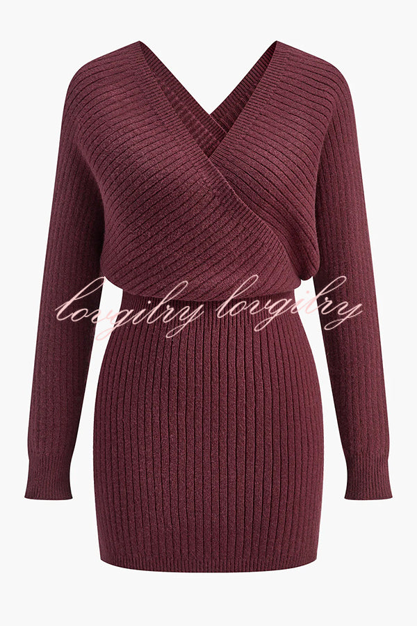 Solid Color Crossover V-neck Long-sleeved Fitted Waist Knit Mini Dress