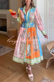 Unique Print Lapel Lantern Sleeve Single Breasted Tie Waist Midi Dress