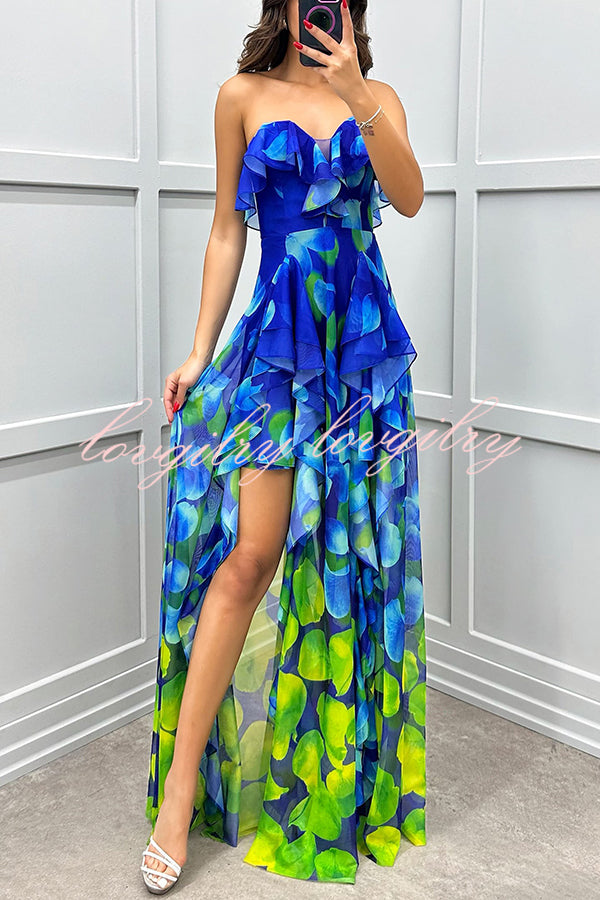 Loving Moment Gradient Unique Print Flowing Layered Ruffles Strapless Slit Maxi Dress