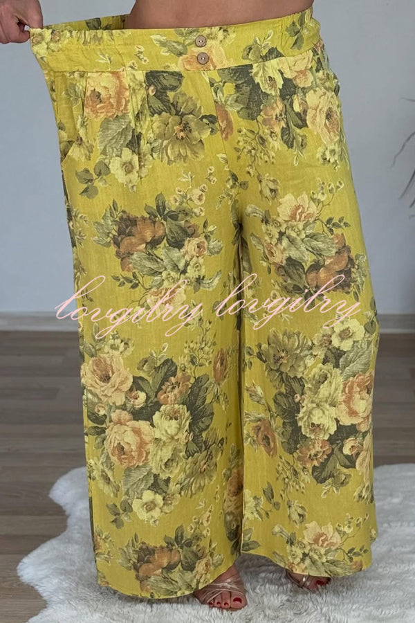 Linen Blend Crew Neck Long Sleeve Irregular Loose Top and Elastic Waist Floral Print Casual Pocket Set