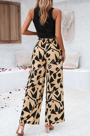 Uniquely Printed Ruffled Elastic Waist Pocket Pleated Wide Leg Pants