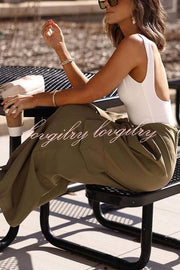 Great Week Pleated Elastic Waist Zipper Pocket Wide Leg Cargo Pants