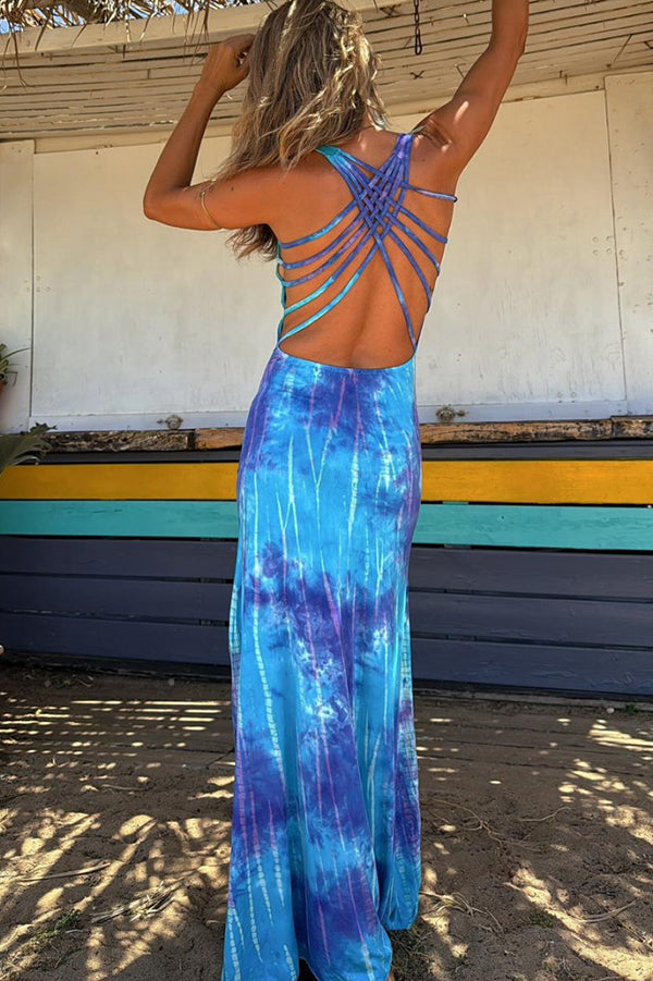 La Bamba Tie-dye Print Back Lace-up Stretch Maxi Dress