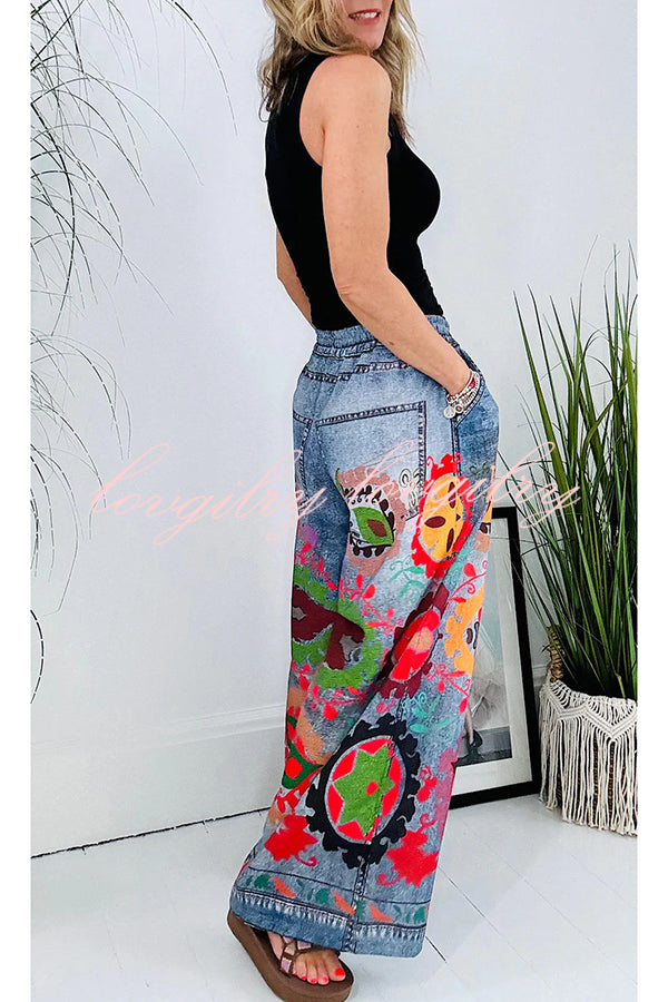 Hippie Style Unique Floral Denim Print Elastic Waist Pocket Wide Leg Pants