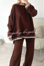 Life Memories Knit Contrast Stitch Trim Pullover Sweater and Stretch Loose Pants Set