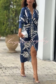 Caliana Unique Print Dolman Long Sleeve Ruched Slit Midi Dress