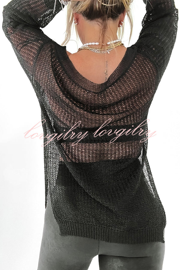 Solid Color Loose Long Sleeve Hollow Knit Cover-up Top