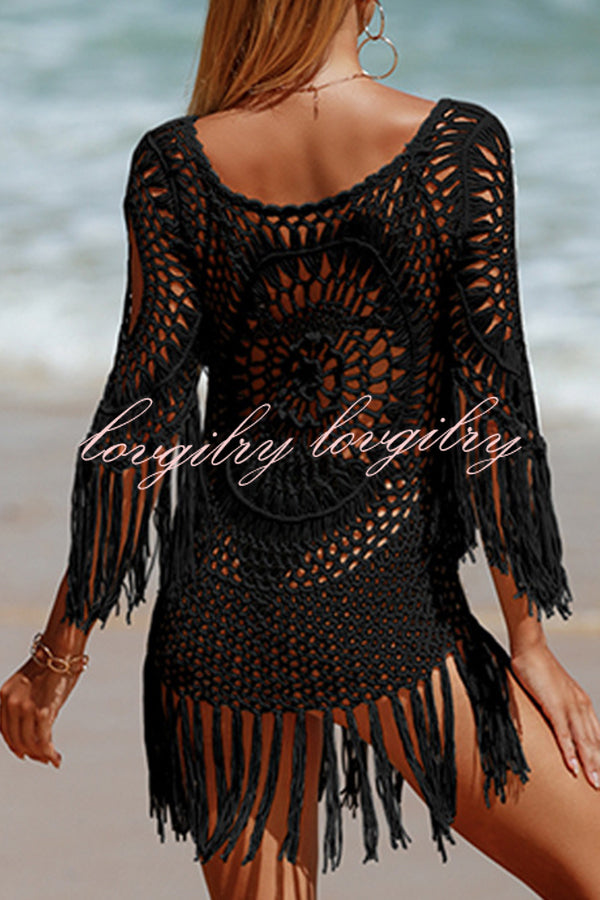 Unique Pattern Knitted Cutout Crew Neck Short Sleeved Cover Up