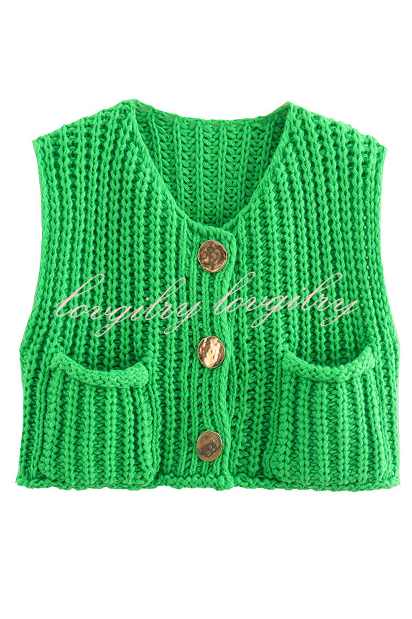 Solid Color Sleeveless Pocket Knitted Vest