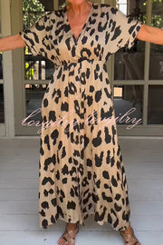 Leopard Print V-neck Pocket Midi Dress