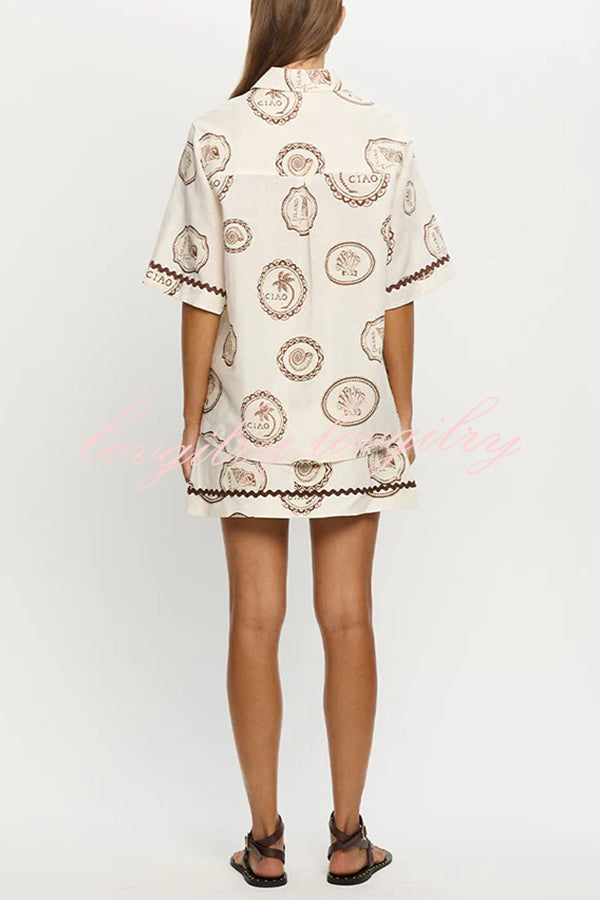 Resort Style Print Lapel Short Sleeve Shirt and Casual Mini Skirt Set