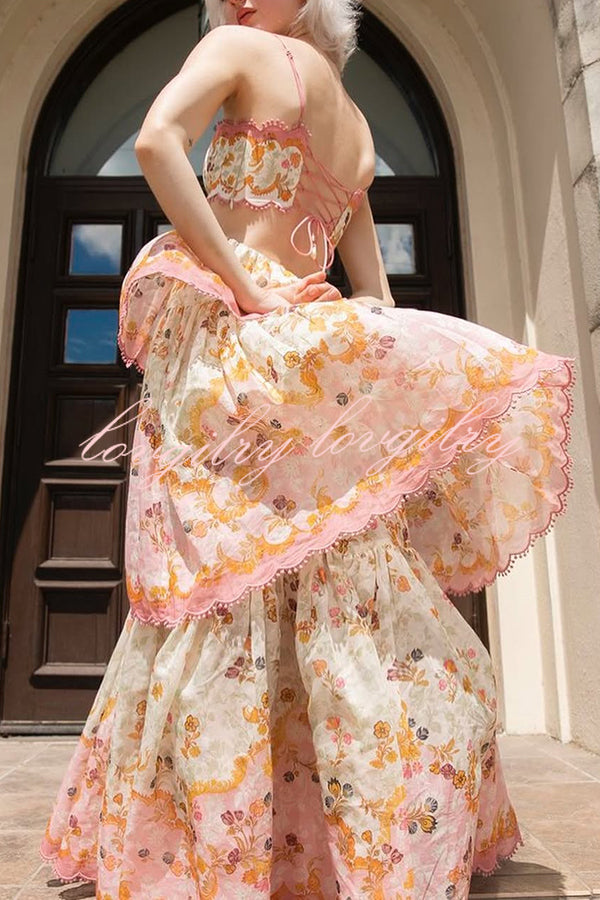 Charming Smile Floral Print Scalloped Lace-trim Back Tie-up Tiered Maxi Dress