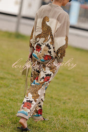 Exotic Leopard Flower Patchwork Print Elastic Waist Pocket Wide Leg Pants