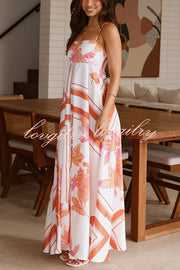 Botanical Print Halter Square Neck Pleated Loose Maxi Dress