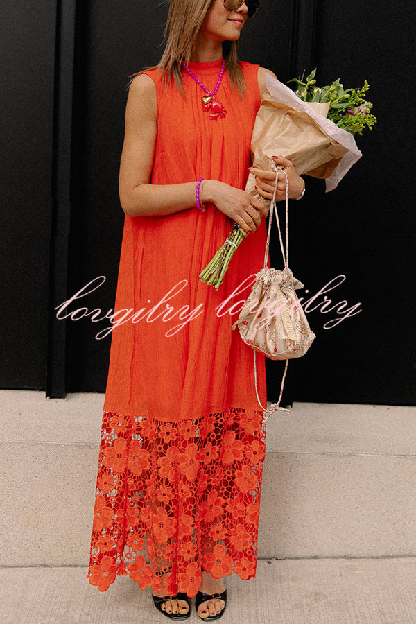 Breezy Comfort Tie-up Neck Sleeveless Floral Lace Hem Maxi Dress