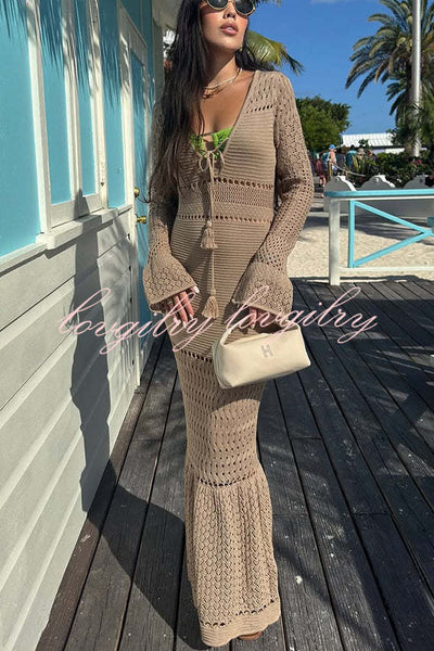 Ellora Knit Hollow Texture Tie-up Long Sleeve Fishtail Stretch Maxi Dress