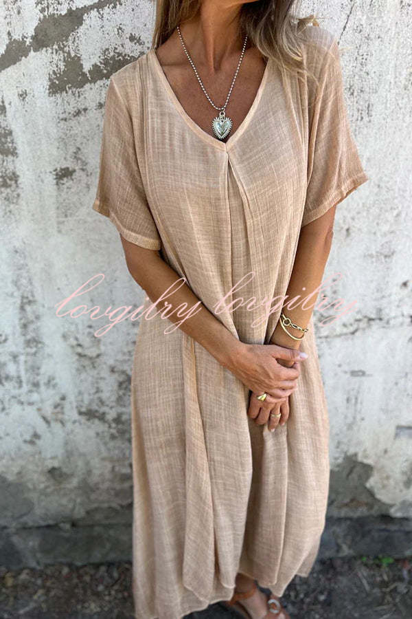 Bayside Bliss Linen Blend Short Sleeve Pleated Loose Midi Dress