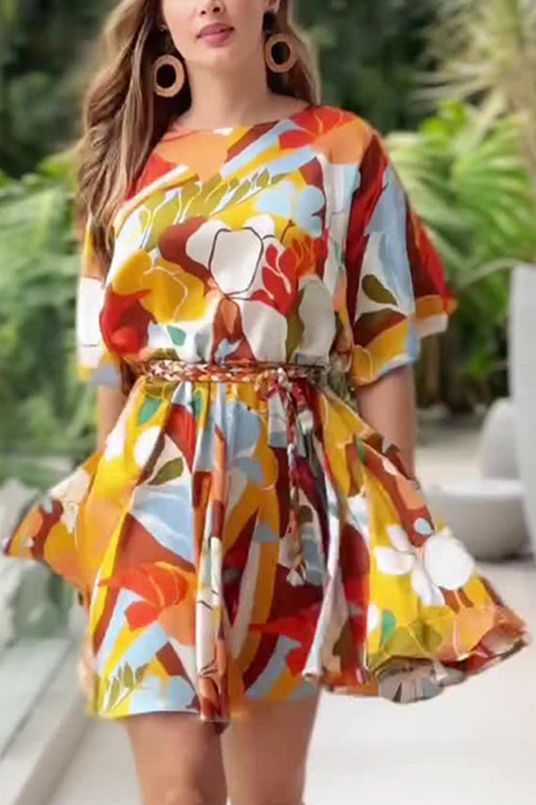 Unique Printed Round Neck Short Sleeve Waist Tie Vacation Mini Dress