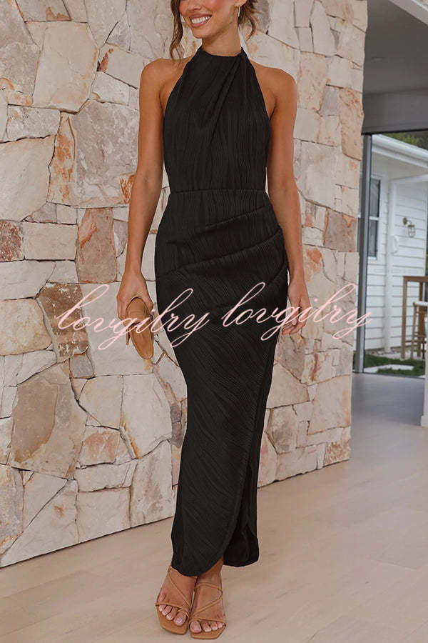 Zephyr Pleated Textured Fabric Halter Neck Backless Slit Maxi Dress