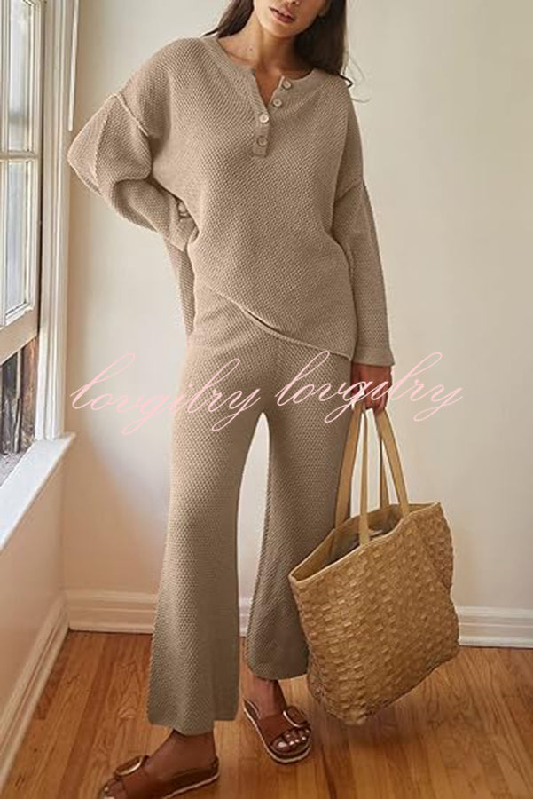 Heather Hailey Solid Color Casual Button V Neck Top and Pant Two Piece Set