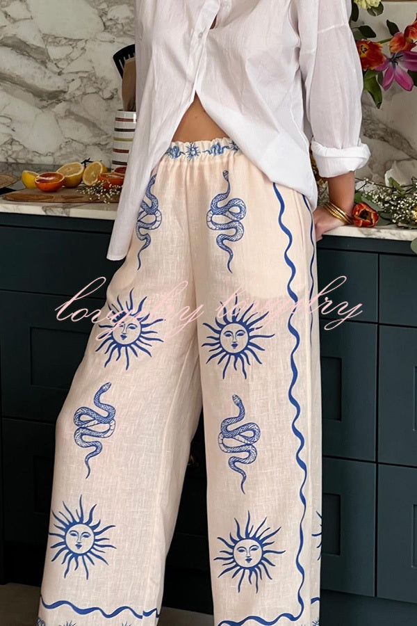 Symbol of Sicily Linen Blend Unique Print Elastic Waist Pocketed Wide Leg Pants