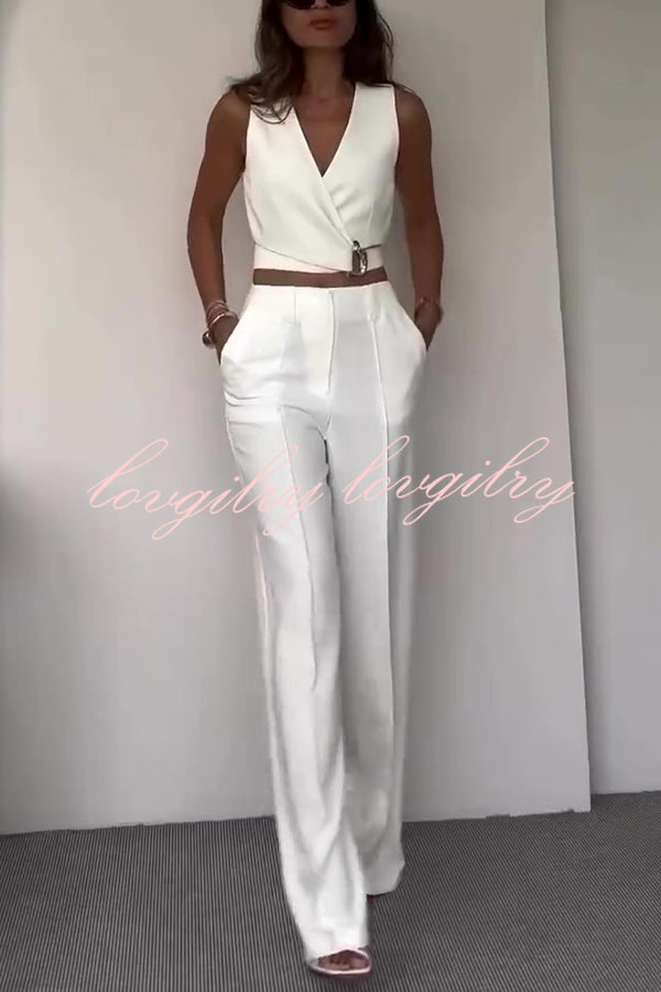 Crossover Slim Fit Sleeveless Vest and High Waisted Wide Leg Pants Set