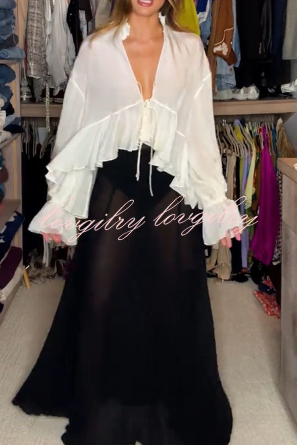 Boho Forever Chiffon Ruffles Balloon Sleeve Tie-up Blouse