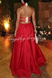 Festive Red Satin Floral Details Open Back Halter Elastic Waist Maxi Dress