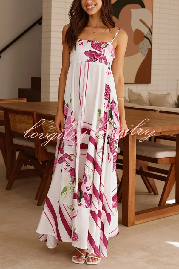 Botanical Print Halter Square Neck Pleated Loose Maxi Dress
