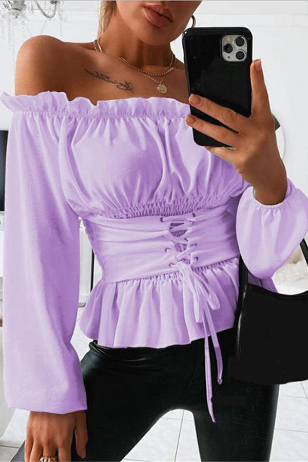 Long-sleeve Off-the-shoulder Ruffled Waist Tie Shirt